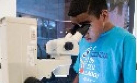 Menino olhando pelo microscópio