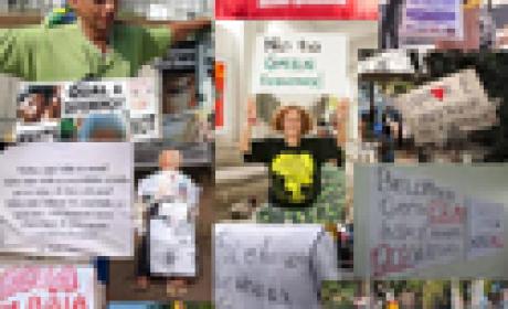 Colagem com diversos participantes da Rio+20 exibindo cartazes