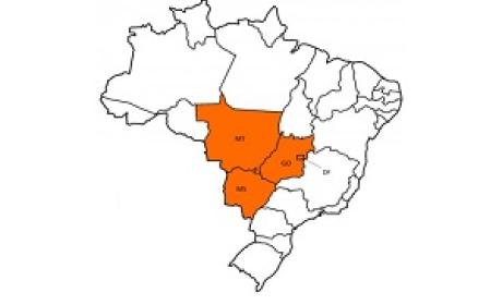 Centro-Oeste destacado em laranja no mapa do Brasil