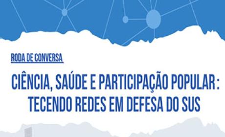 Roda de conversa Ciência, Saúde e Participação Popular: Tecendo Redes em Defesa do SUS. Na arte, um fundo azul ilustra um padrão de rede interligada. Roda de conversa Ciência, Saúde e Participação Popular: Tecendo Redes em Defesa do SUS. Na arte, um fundo azul ilustra um padrão de rede interligada.