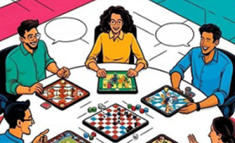 Ilustração de seis pessoas sentadas numa mesa jogando jogo de tabuleiro