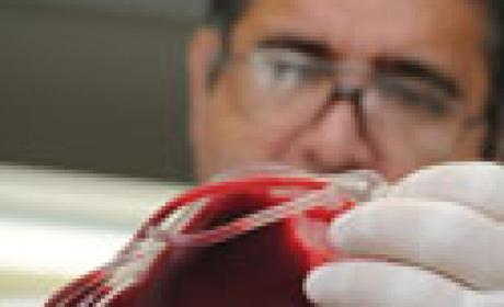 Foto: Peter Ilicciev/Fiocruz Homem de jaleco segura bolsa de sangue