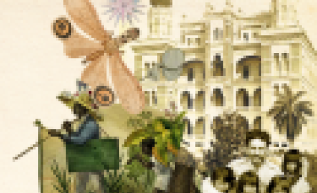 Imagem: COC Montagem mostra médico com crianças indígenas, um agricultor do campo e insetos em frente ao Castelo Fiocruz