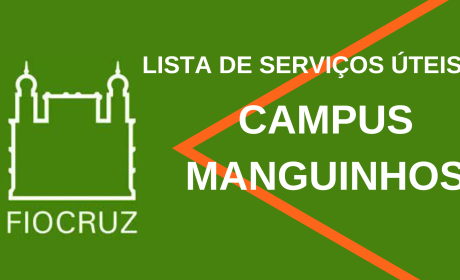 Fundo verde com detalhe em laranja. No texto está escrito lista de serviços úteis, Campos Manguinhos