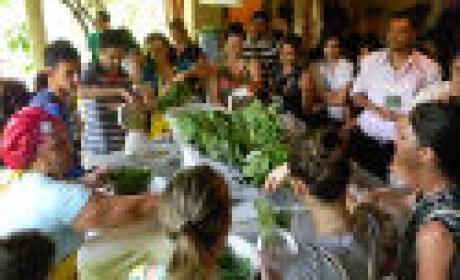 Pessoas reunidas em torno de uma mesa com muitas verduras