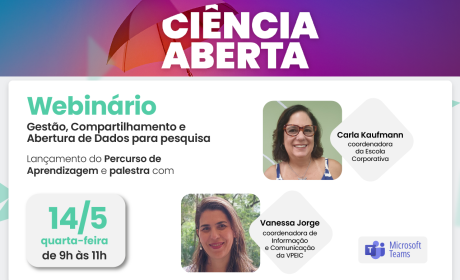 Card convida para webinário, traz fotos de Carla kaufmann, da escola corporativa, e Vanessa Jorge, da VPEIC