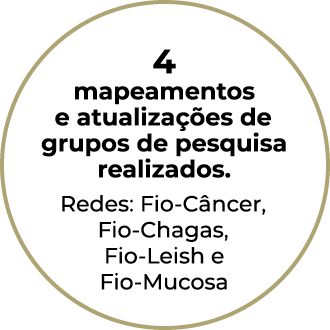 4 mapeamentos e atualizações de grupos de pesquisa realizados  Redes: Fio-Câncer, Fio-Chagas, Fio-Leish e Fio-Mucosa